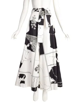 1970s Vintage Aubrey Beardsley Art Nouveau Novelty Print Black and White Palazzo Pants