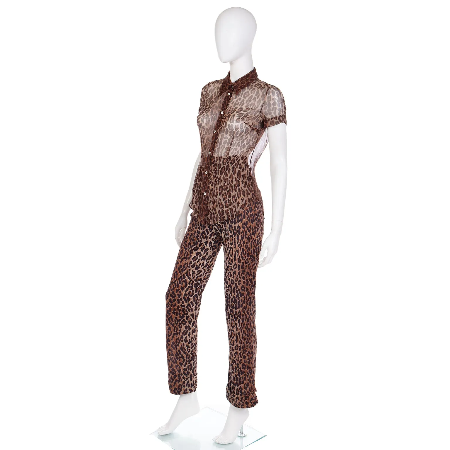 2000s Dolce & Gabbana Brown Leopard  Print Sheer Silk Top & Pants Outfit