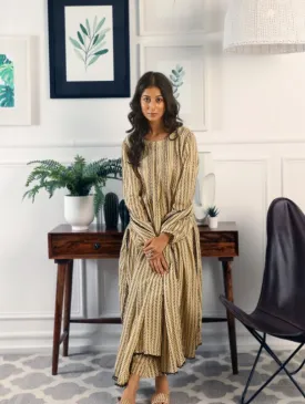 Abaya Beige Hand Block Printed Cotton Kurta Set (Set of 3)
