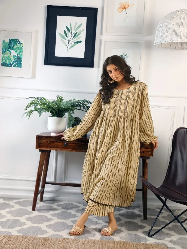 Abaya Beige Hand Block Printed Cotton Kurta Set (Set of 3)
