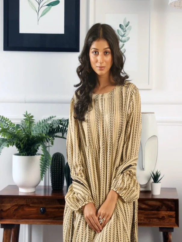 Abaya Beige Hand Block Printed Cotton Kurta Set (Set of 3)