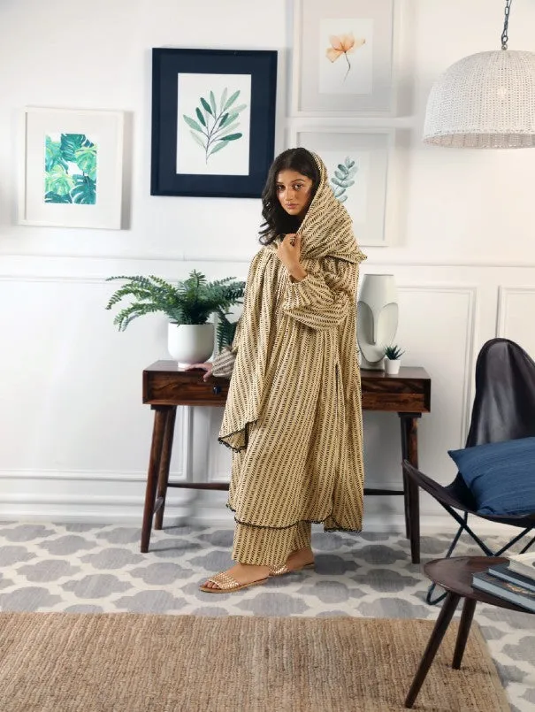 Abaya Beige Hand Block Printed Cotton Kurta Set (Set of 3)