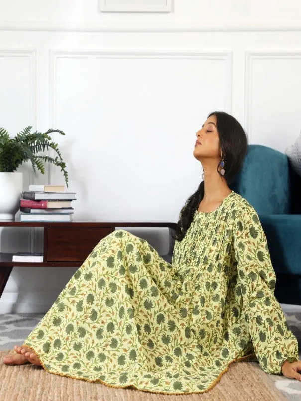 Abaya Green Hand Block Printed Cotton Kurta Set (Set of 3)