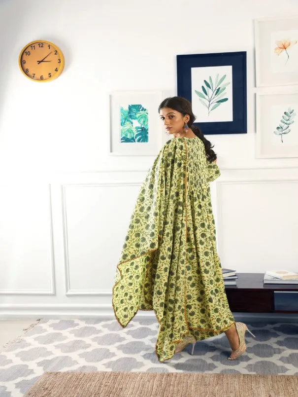 Abaya Green Hand Block Printed Cotton Kurta Set (Set of 3)