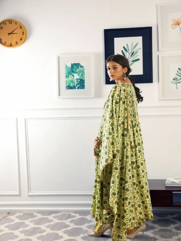 Abaya Green Hand Block Printed Cotton Kurta Set (Set of 3)