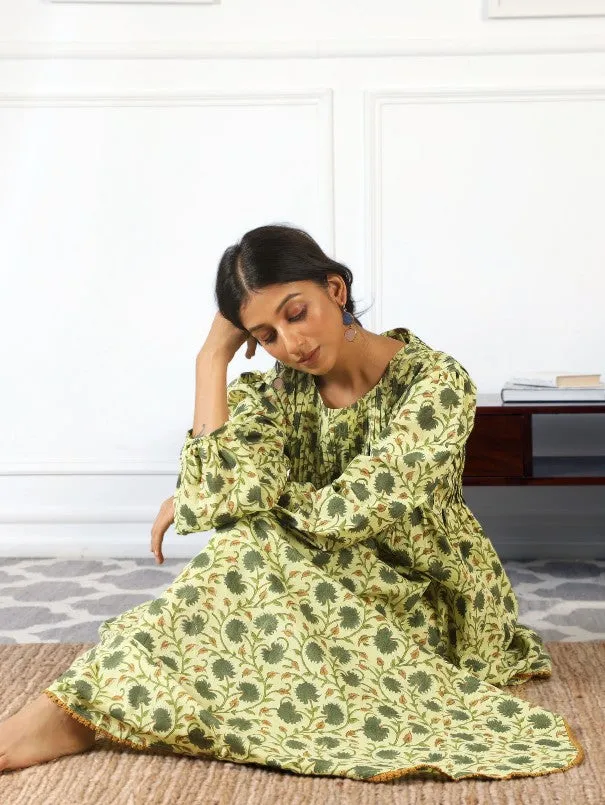 Abaya Green Hand Block Printed Cotton Kurta Set (Set of 3)