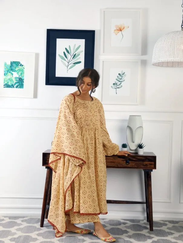 Abaya Nude Hand Block Printed Cotton Kurta Set (Set of 3)