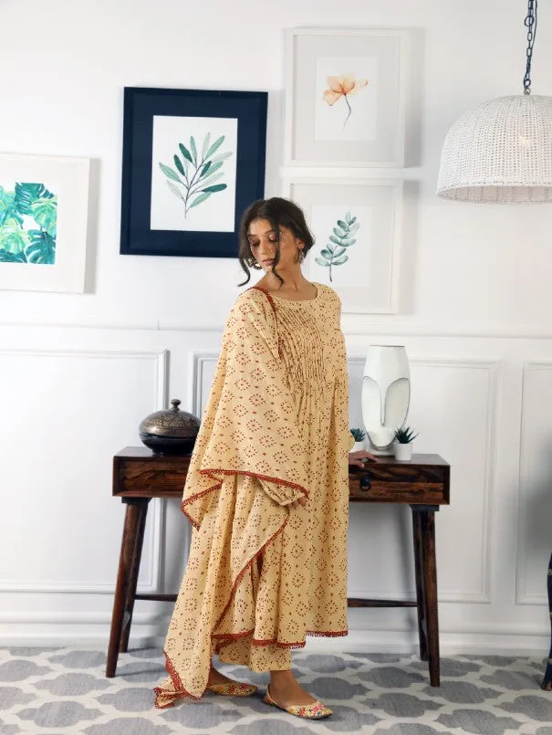 Abaya Nude Hand Block Printed Cotton Kurta Set (Set of 3)