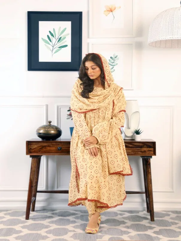 Abaya Nude Hand Block Printed Cotton Kurta Set (Set of 3)