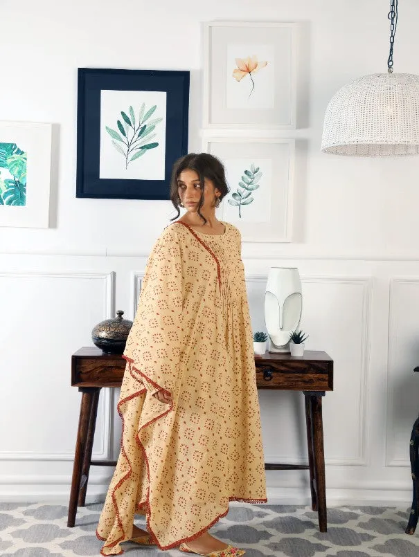 Abaya Nude Hand Block Printed Cotton Kurta Set (Set of 3)