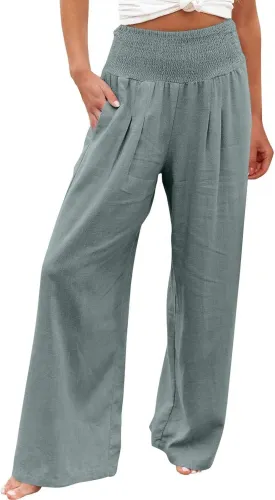 Boho Linen Palazzo Pants for Women Wide Leg Summer Lounge Pant Beach Vacation Casual Elastic High Waisted Trousers