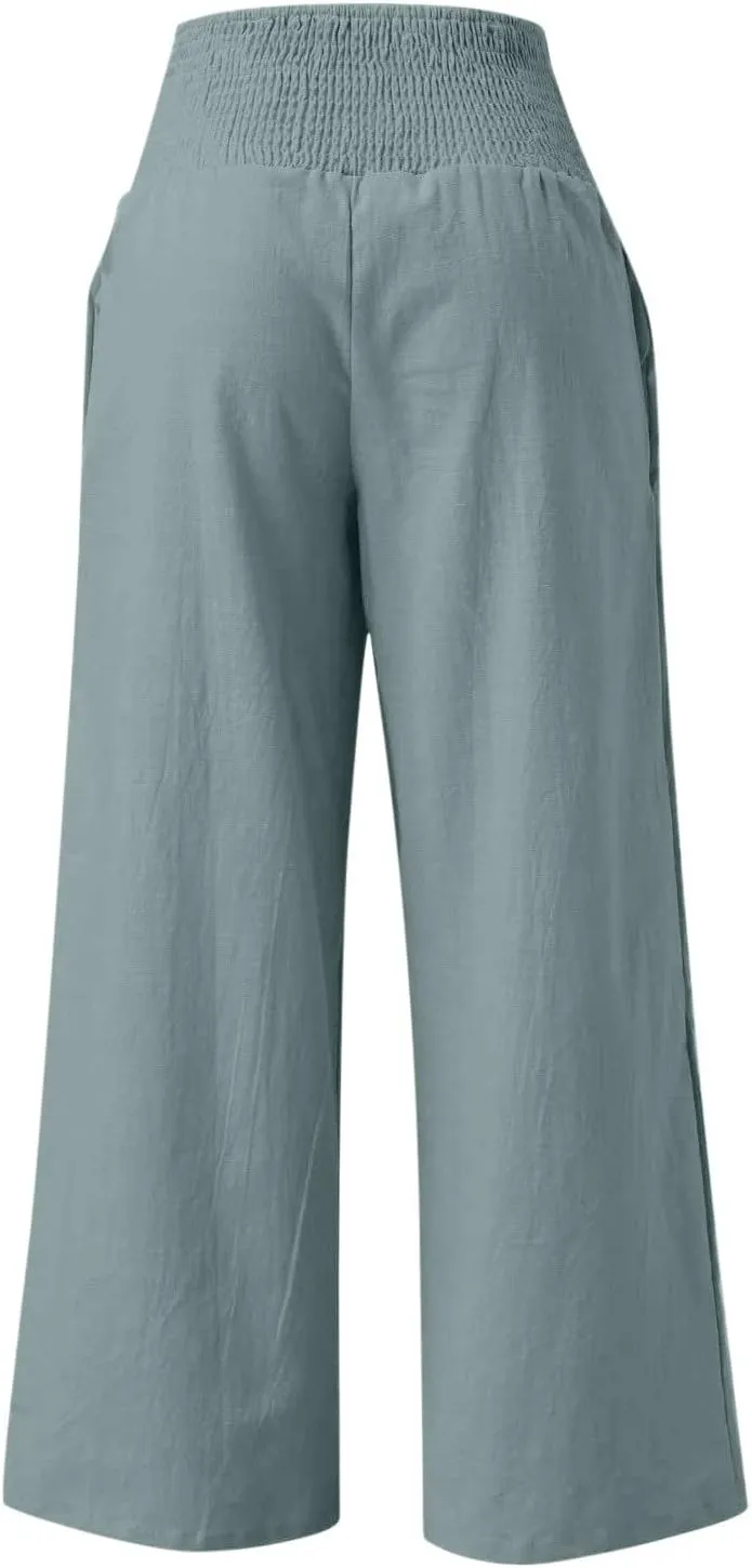 Boho Linen Palazzo Pants for Women Wide Leg Summer Lounge Pant Beach Vacation Casual Elastic High Waisted Trousers
