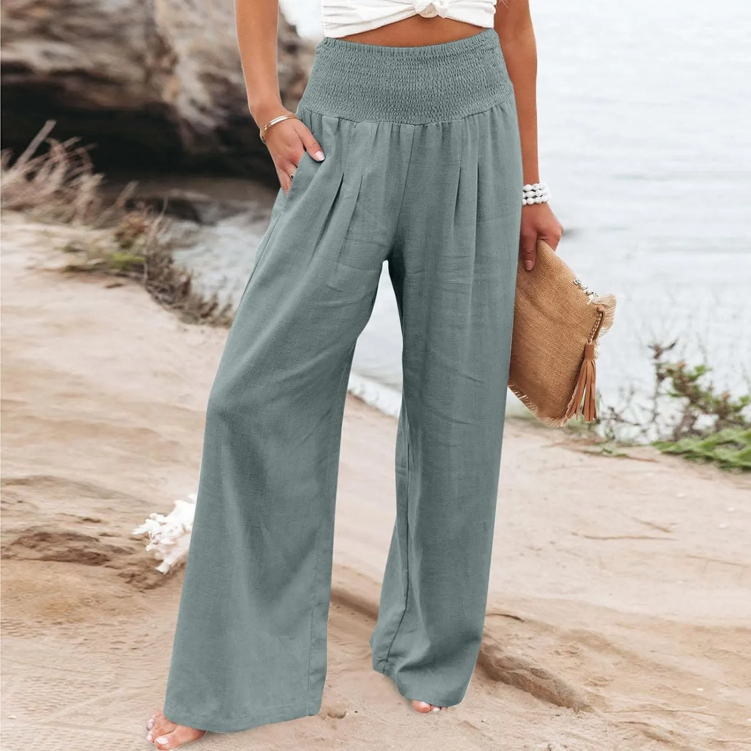Boho Linen Palazzo Pants for Women Wide Leg Summer Lounge Pant Beach Vacation Casual Elastic High Waisted Trousers