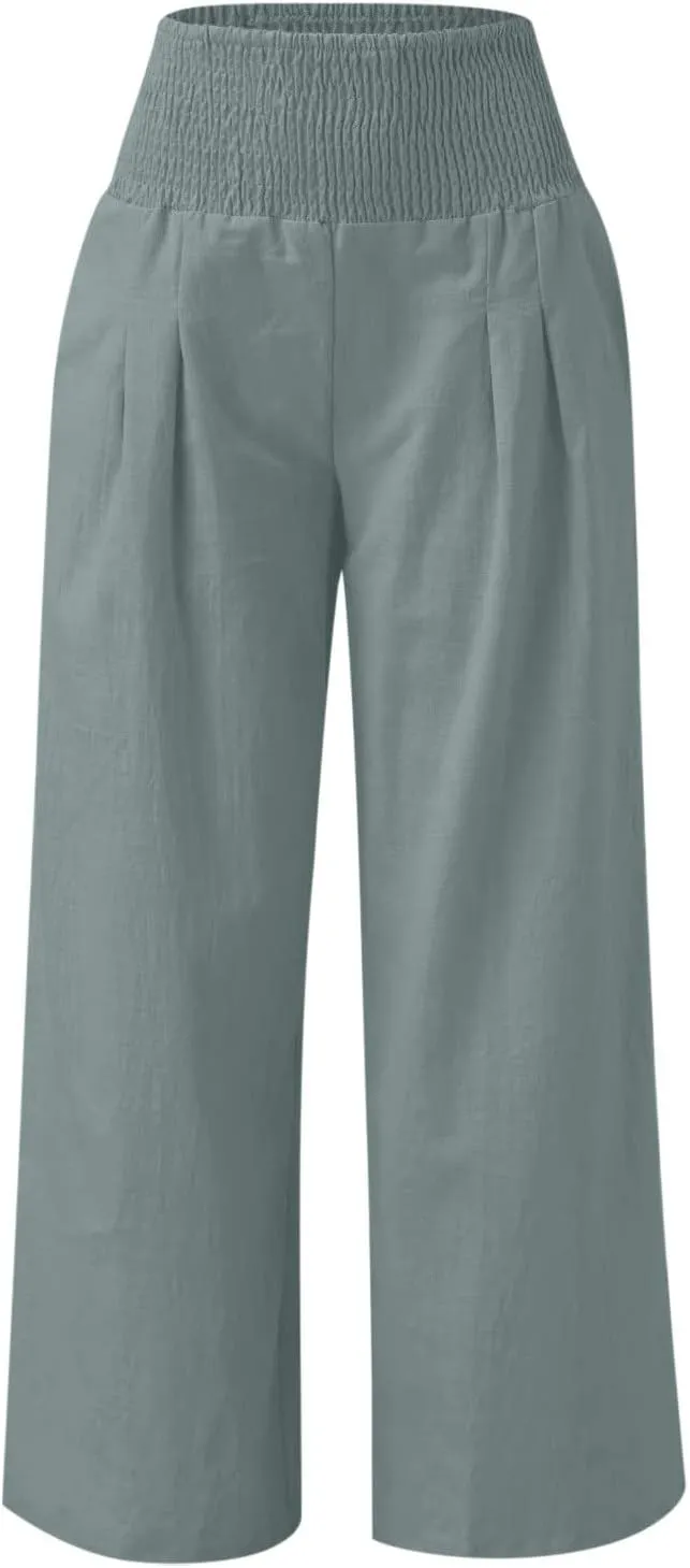 Boho Linen Palazzo Pants for Women Wide Leg Summer Lounge Pant Beach Vacation Casual Elastic High Waisted Trousers