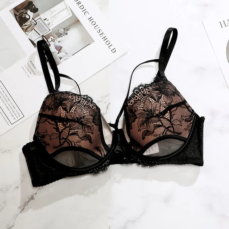 Breathable underwear women's small chest gathered mesh breast beauty black sexy lace bra