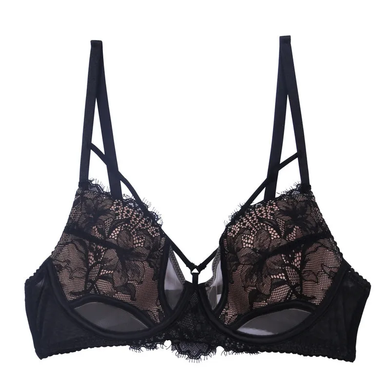 Breathable underwear women's small chest gathered mesh breast beauty black sexy lace bra