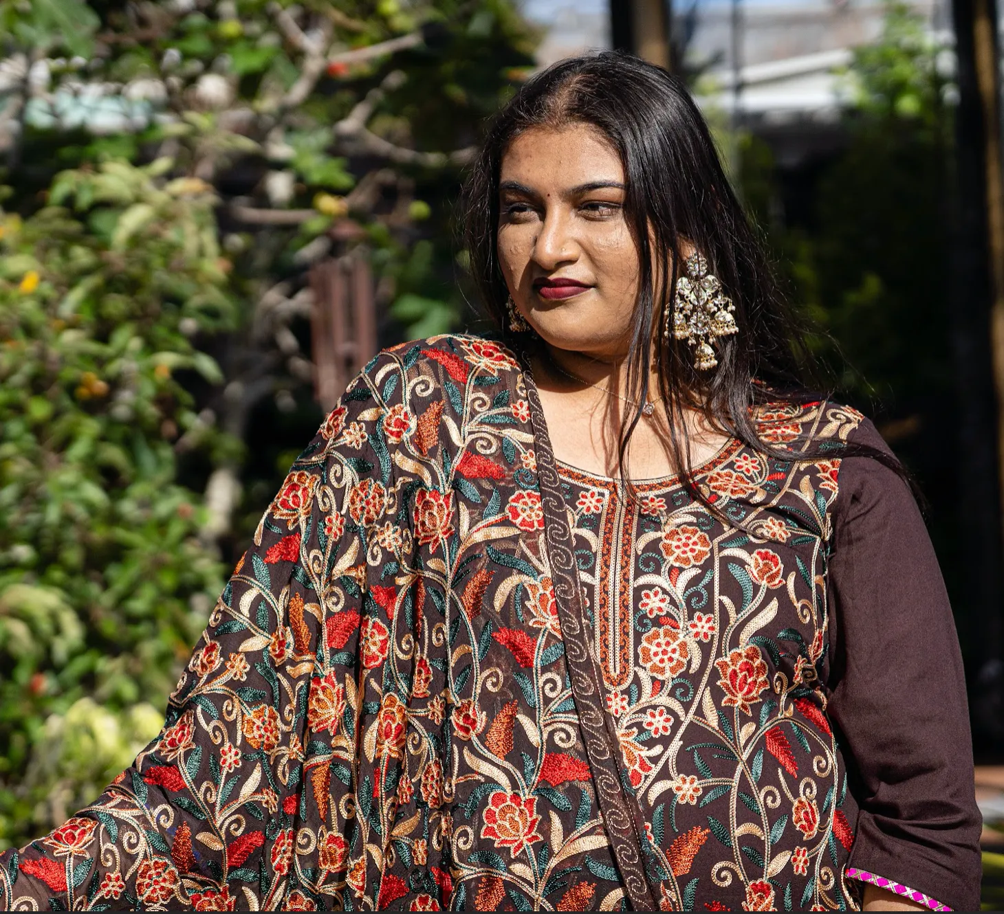 Chocolate Brown Embroidered Aari Work Kurta Pant Set- Rayon