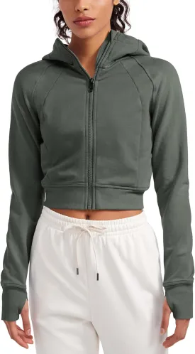 CRZ YOGA Womens Fleece Zip Up Cropped Hoodie Workout Jacket Athletic Casual Long Sleeve Sweatshirts with Thumb Holes