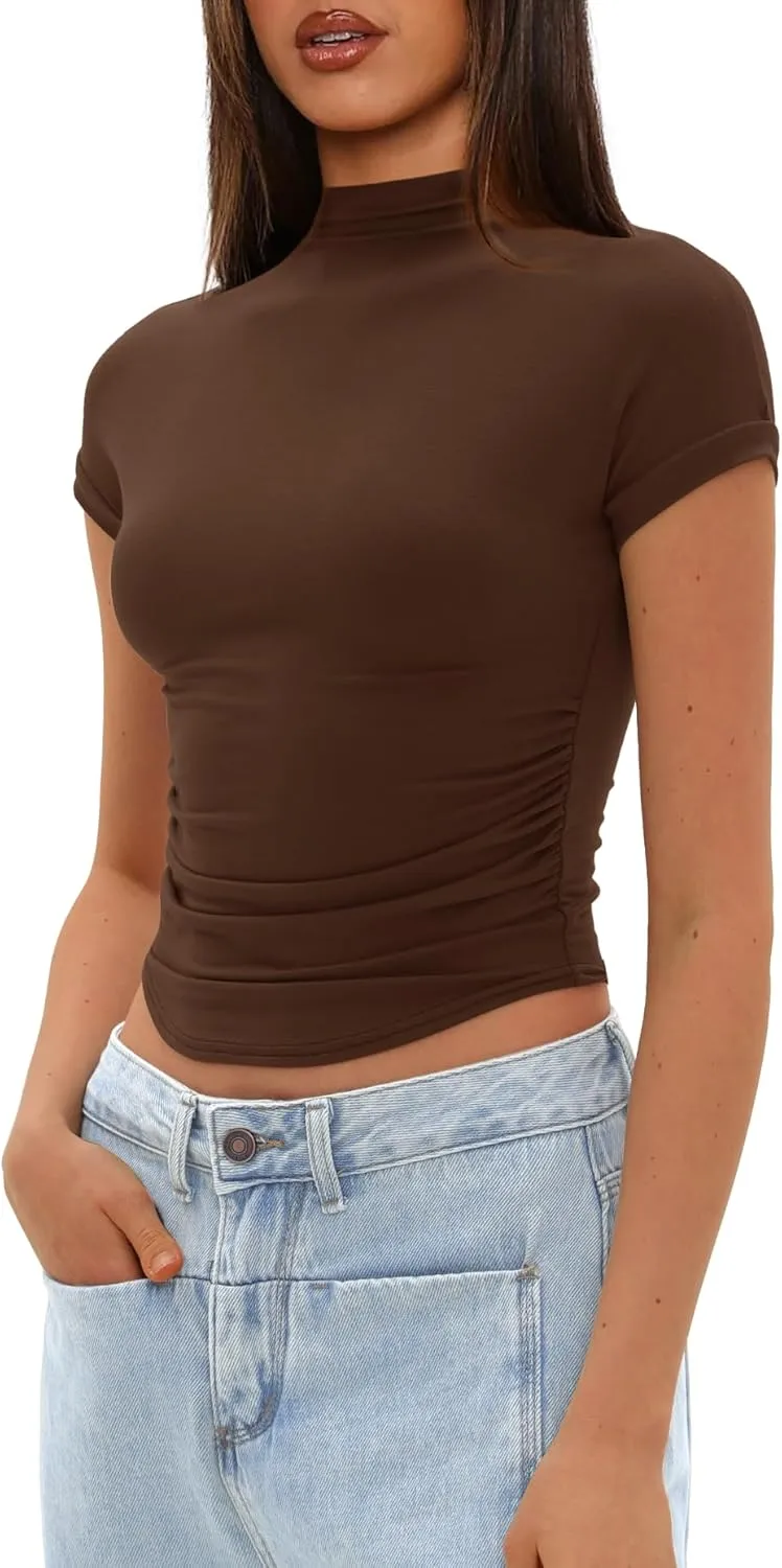 Darong Womens Summer Tops Mock Neck Short Sleeve Shirts Casual Basic Going Out Crop Tops Slim Fit T Shirts