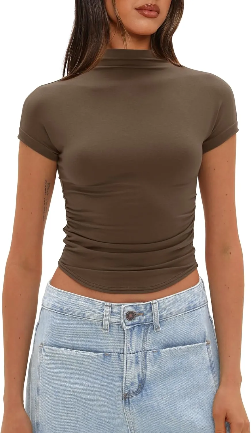 Darong Womens Summer Tops Mock Neck Short Sleeve Shirts Casual Basic Going Out Crop Tops Slim Fit T Shirts