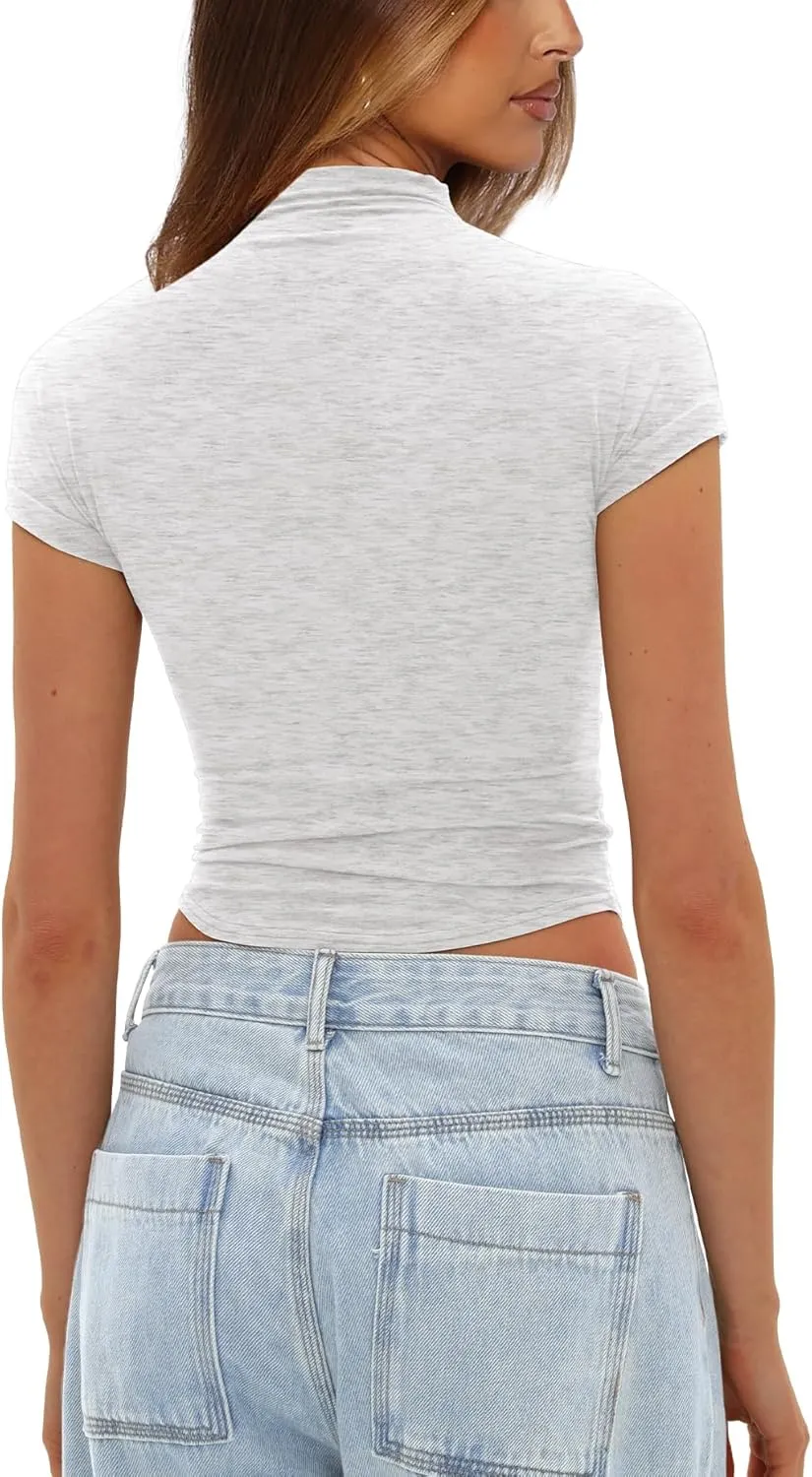 Darong Womens Summer Tops Mock Neck Short Sleeve Shirts Casual Basic Going Out Crop Tops Slim Fit T Shirts