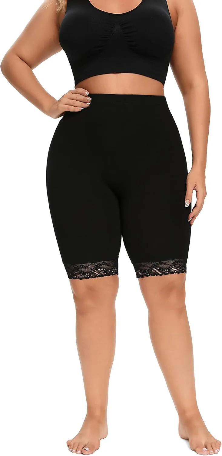 ELISS Plus Size Slip Shorts for Women Half Mid Thigh Legging Soft Stretchy Lace Shorts for Underdress/Skirt 1X-4X