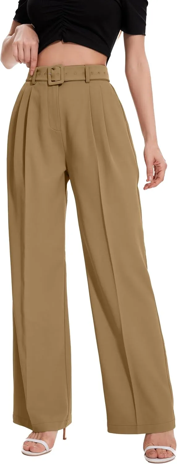 FUNYYZO Women's High Waist Wide Leg Pants Business Work Office Casual Long Pants Belted Trousers