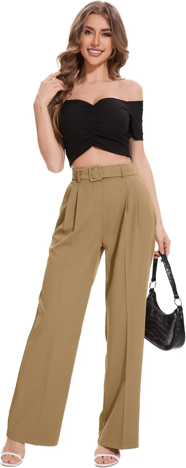 FUNYYZO Women's High Waist Wide Leg Pants Business Work Office Casual Long Pants Belted Trousers