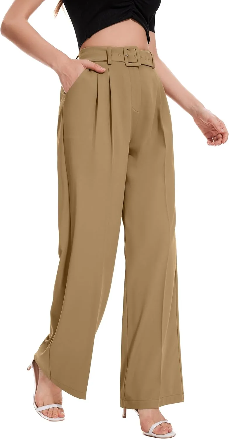 FUNYYZO Women's High Waist Wide Leg Pants Business Work Office Casual Long Pants Belted Trousers