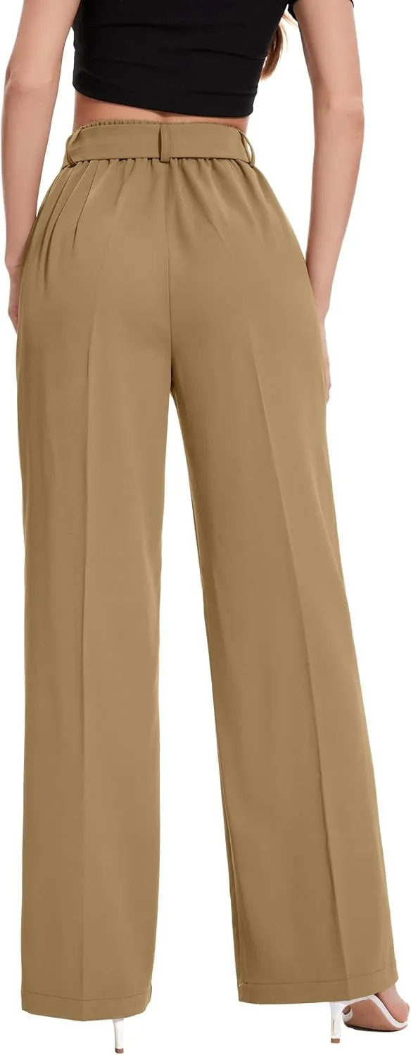 FUNYYZO Women's High Waist Wide Leg Pants Business Work Office Casual Long Pants Belted Trousers