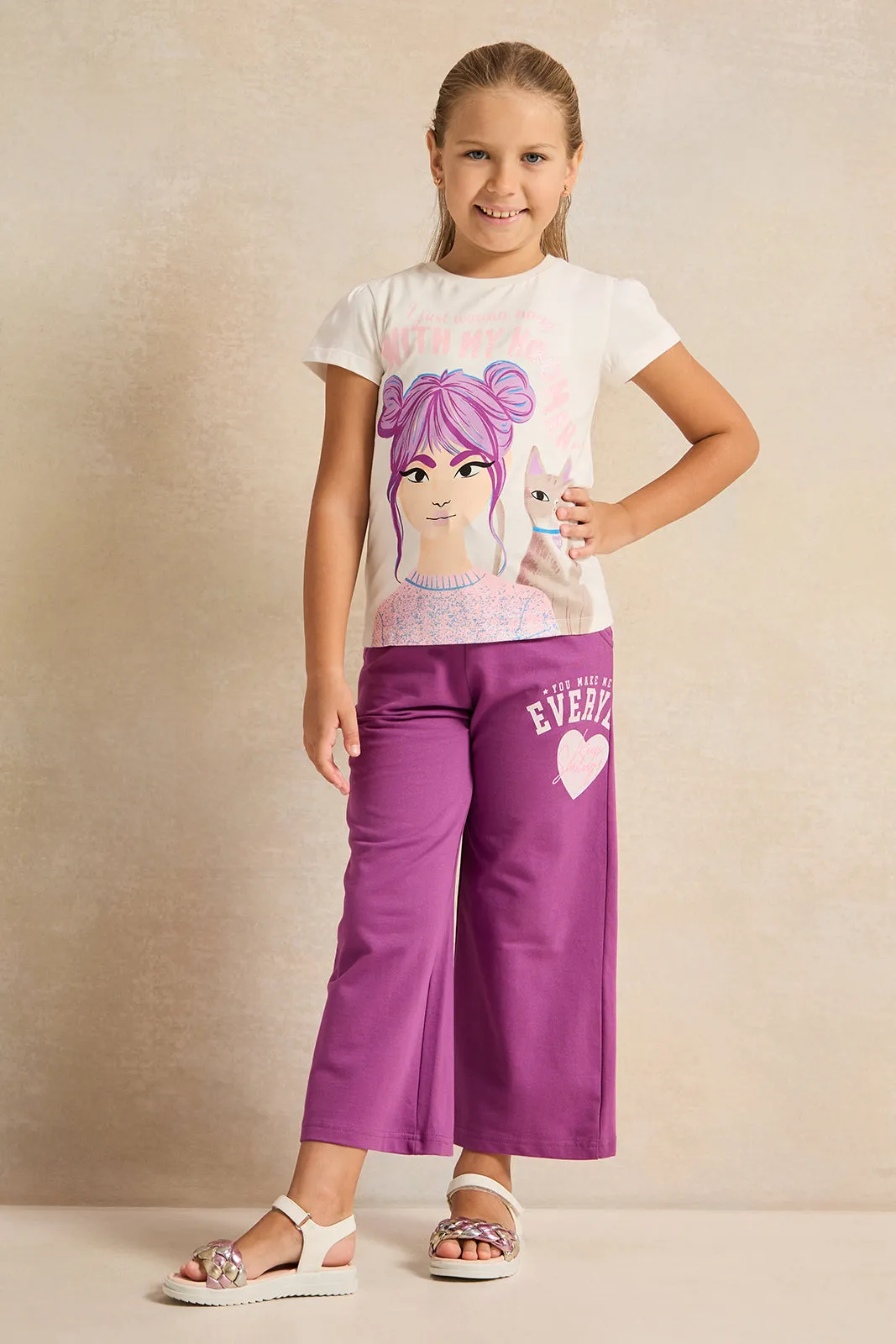 Girls  Purple Placement Print Wide Leg Active  Pants