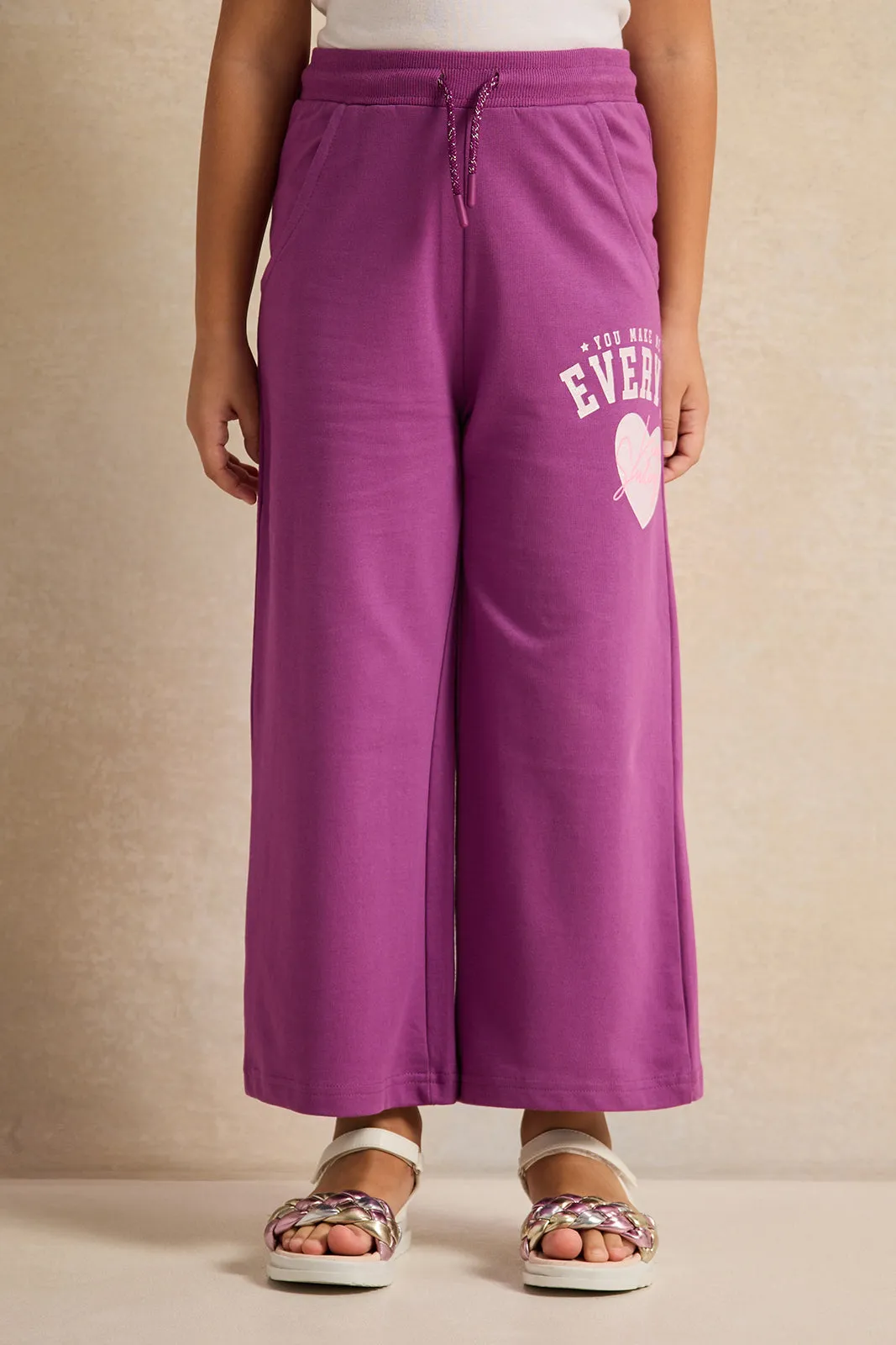 Girls  Purple Placement Print Wide Leg Active  Pants