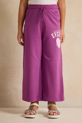 Girls  Purple Placement Print Wide Leg Active  Pants