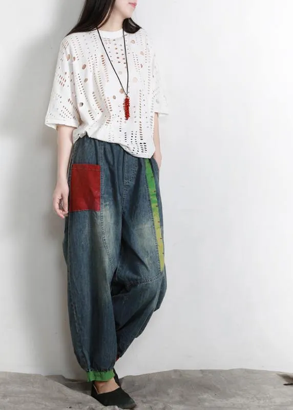 Handmade Blue Elastic Waist Patchwork Summer Pants