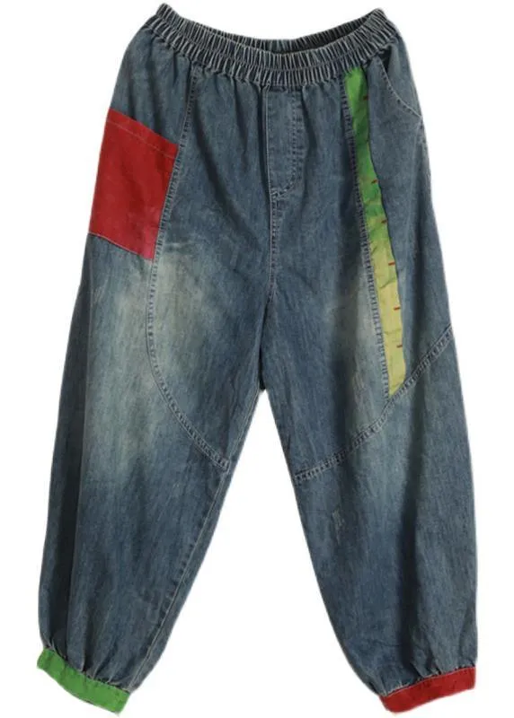 Handmade Blue Elastic Waist Patchwork Summer Pants