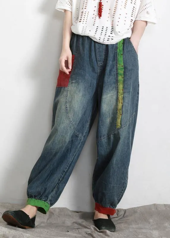 Handmade Blue Elastic Waist Patchwork Summer Pants