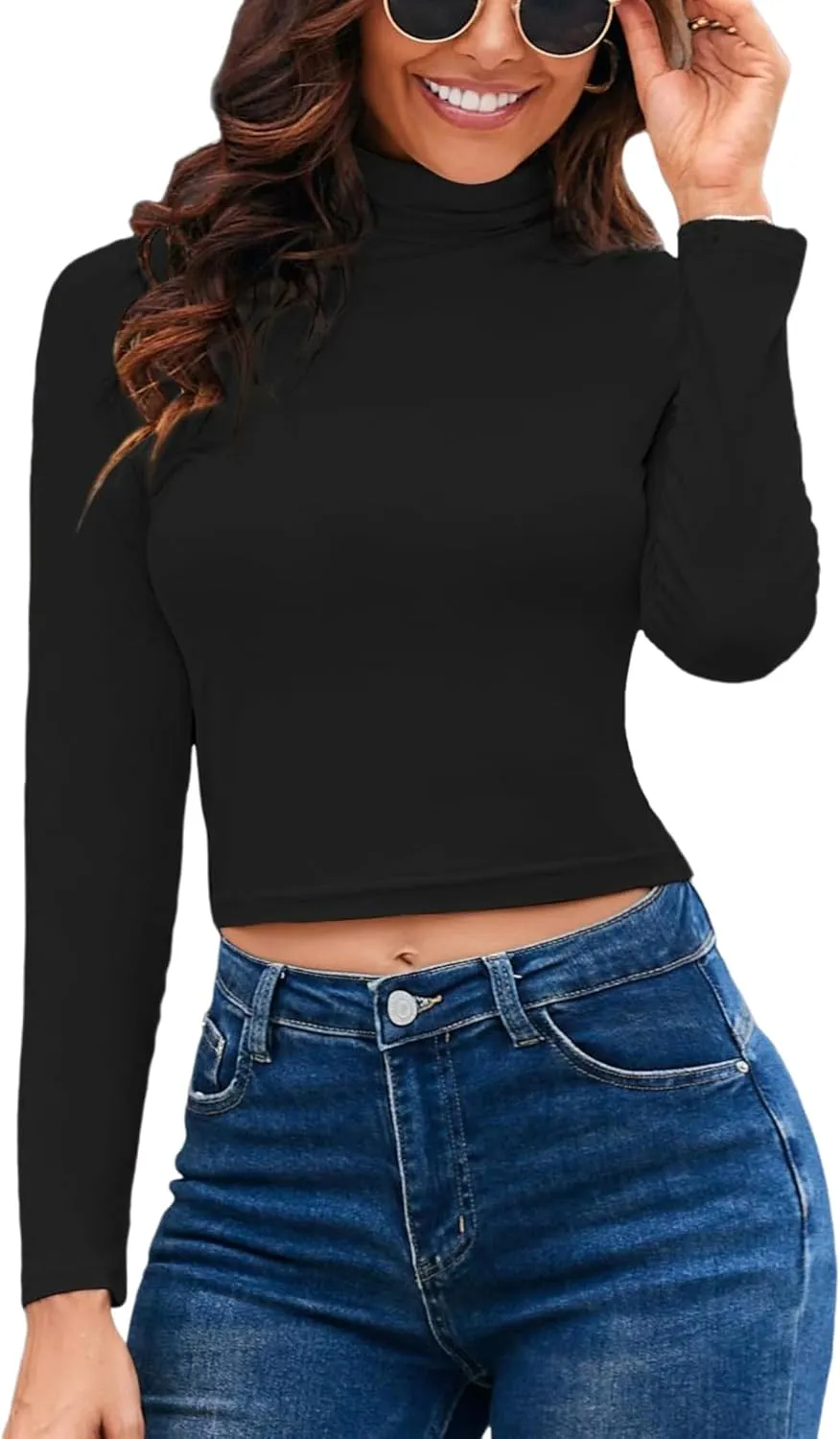 Herou Women Long Sleeve Crop Top Turtleneck Soft Lightweight Basic Slim Fit Tops