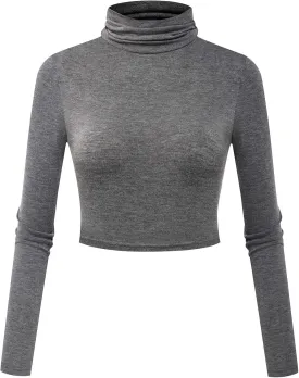 Herou Women Long Sleeve Crop Top Turtleneck Soft Lightweight Basic Slim Fit Tops