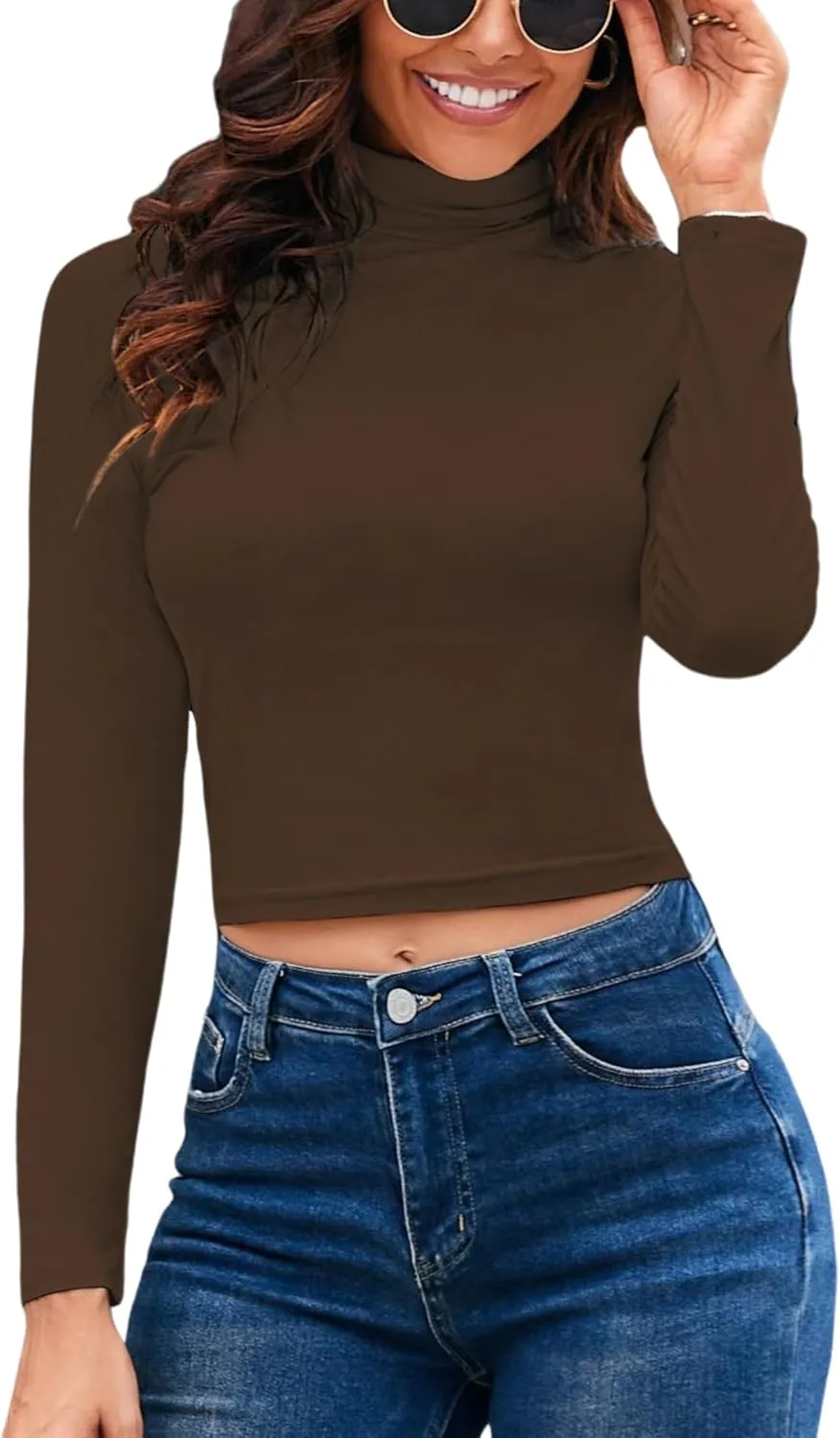 Herou Women Long Sleeve Crop Top Turtleneck Soft Lightweight Basic Slim Fit Tops