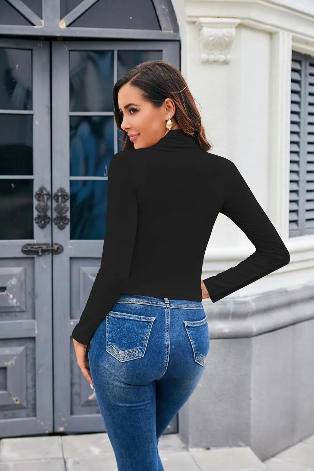 Herou Women Long Sleeve Crop Top Turtleneck Soft Lightweight Basic Slim Fit Tops