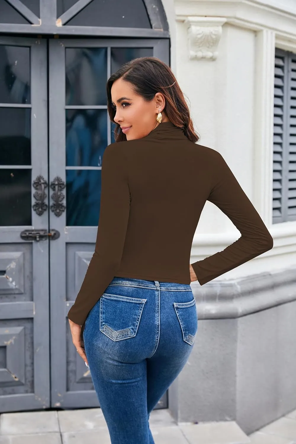 Herou Women Long Sleeve Crop Top Turtleneck Soft Lightweight Basic Slim Fit Tops