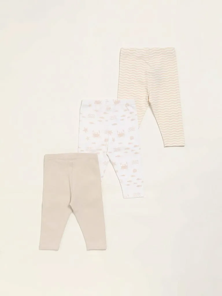 HOP Baby Beige Printed Pants - Pack of 3