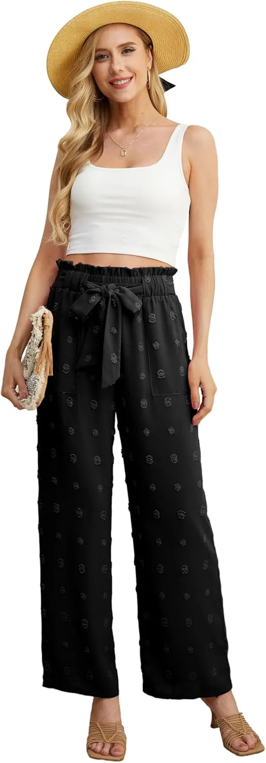 IWOLLENCE Women's Wide Leg Pants with Pockets High Waist Adjustable Knot Loose Casual Trousers Business Work Casual Pants