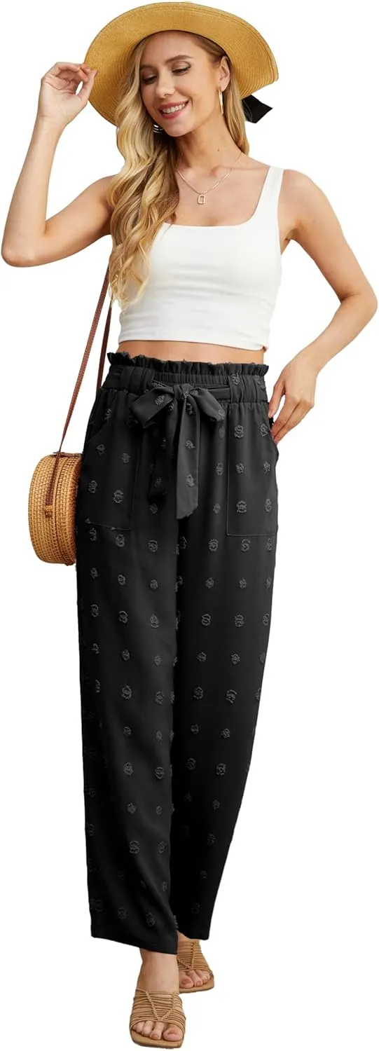 IWOLLENCE Women's Wide Leg Pants with Pockets High Waist Adjustable Knot Loose Casual Trousers Business Work Casual Pants