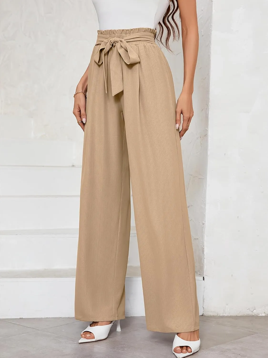 KORSIS Women's Pants Wide Leg Lounge High Waisted Causal Flowy Work Elastic Trousers with Pockets