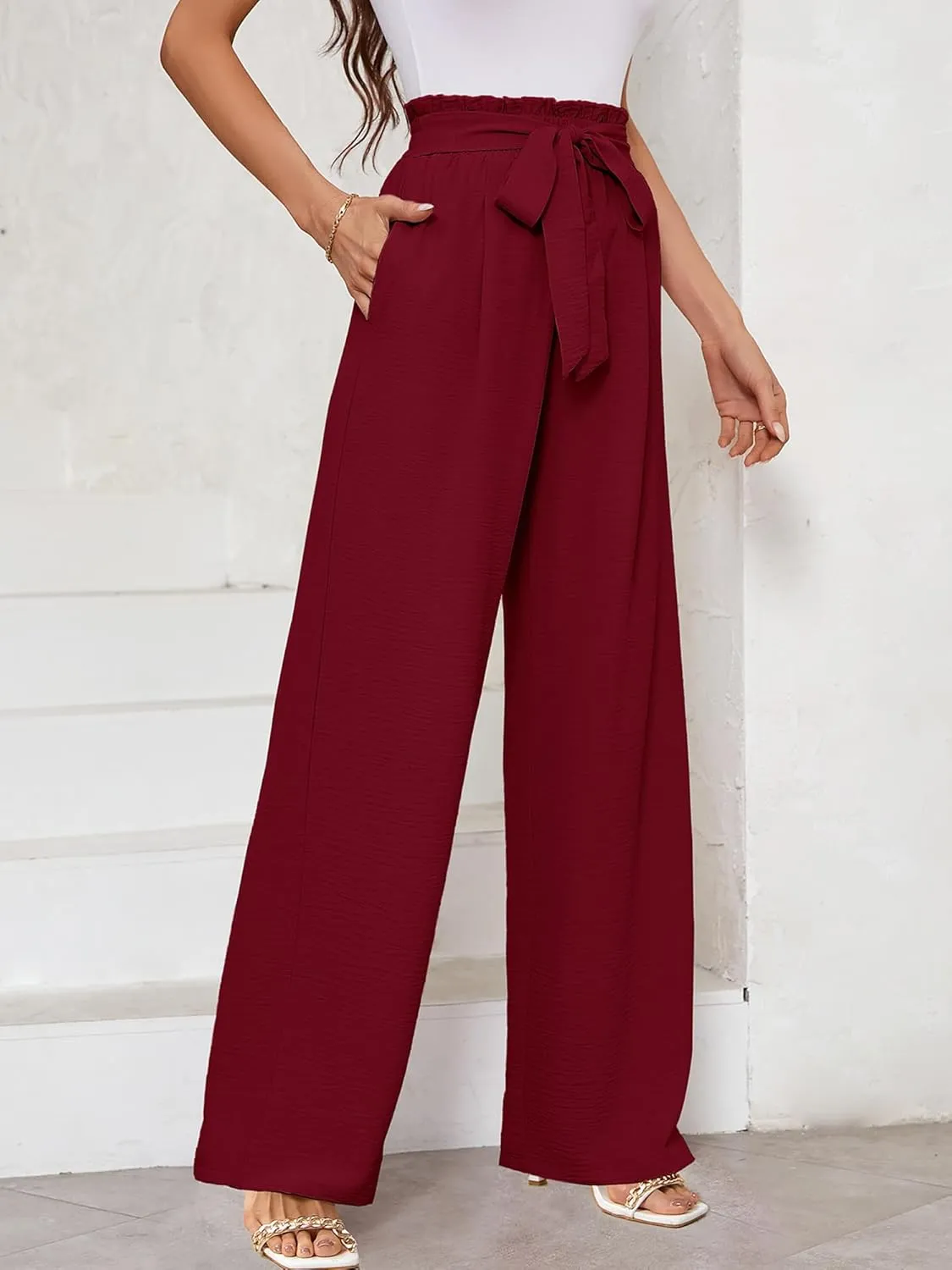 KORSIS Women's Pants Wide Leg Lounge High Waisted Causal Flowy Work Elastic Trousers with Pockets