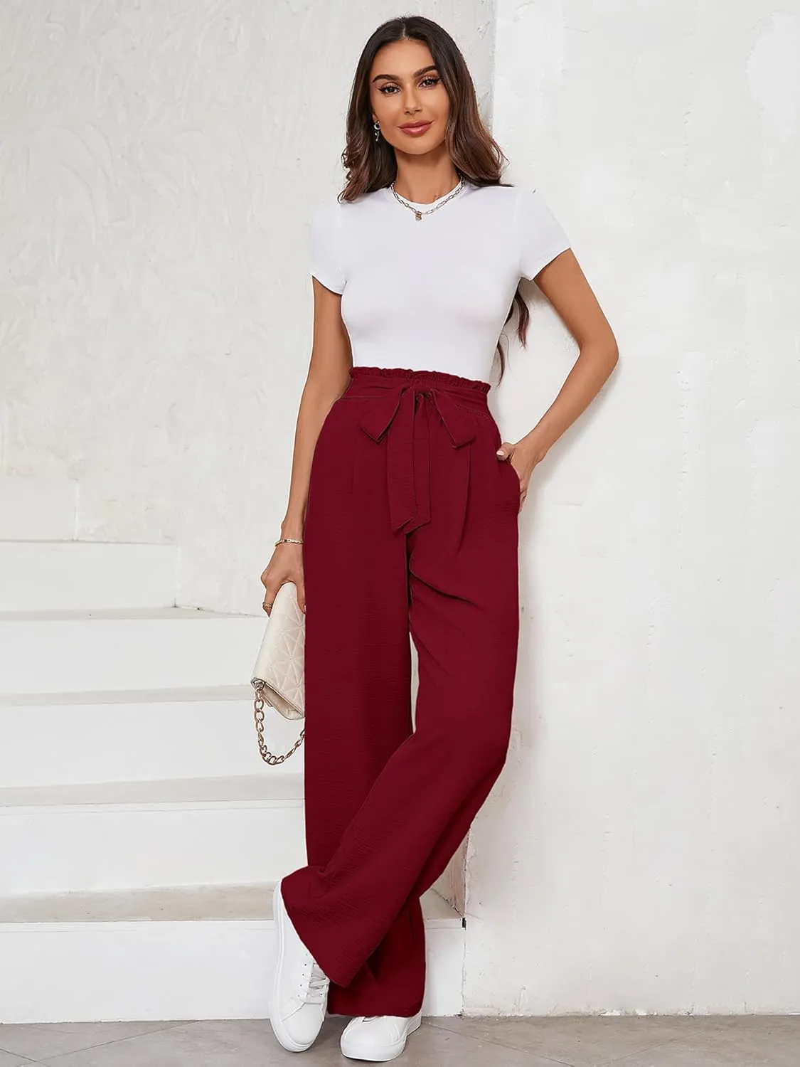 KORSIS Women's Pants Wide Leg Lounge High Waisted Causal Flowy Work Elastic Trousers with Pockets