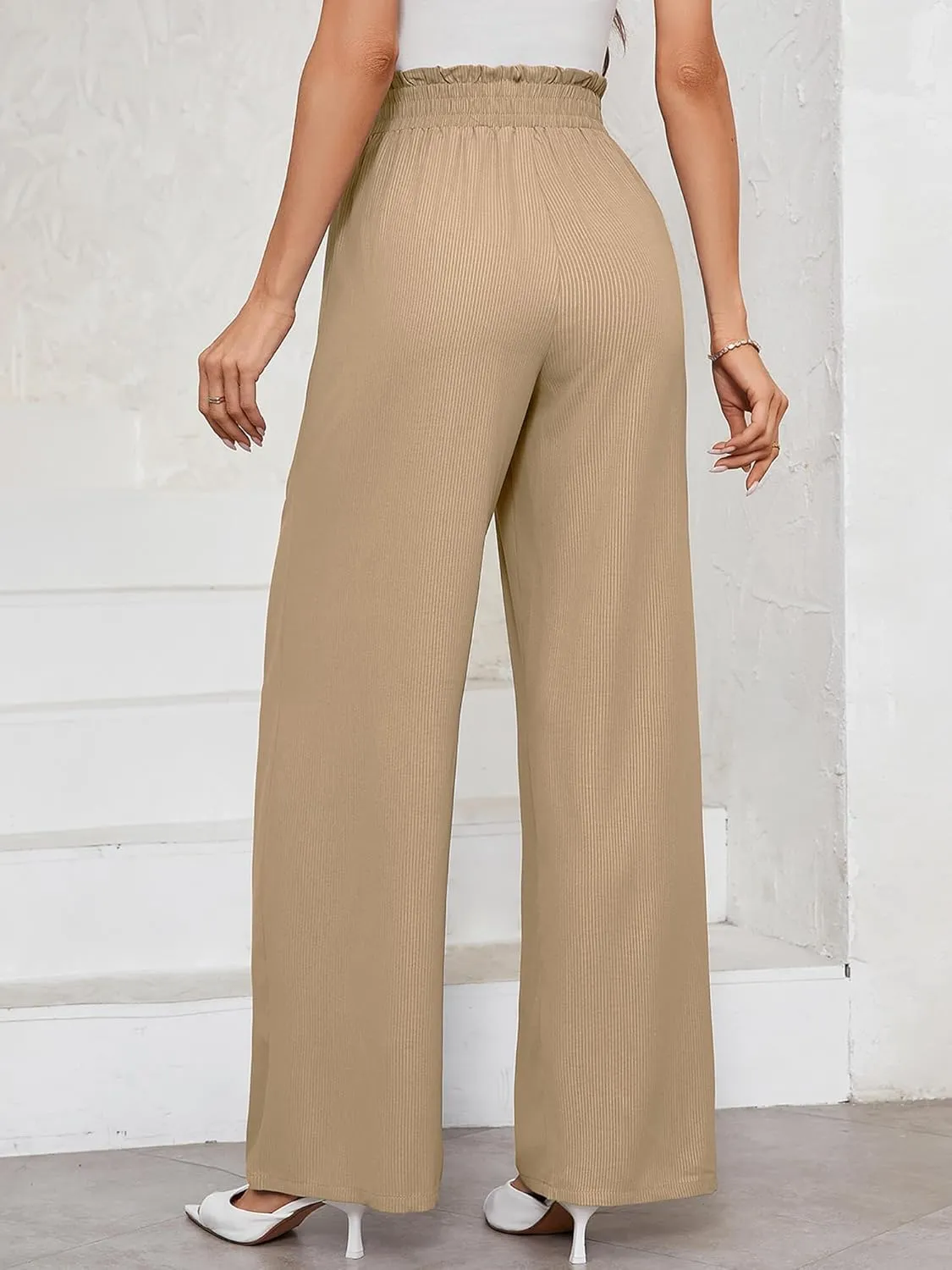 KORSIS Women's Pants Wide Leg Lounge High Waisted Causal Flowy Work Elastic Trousers with Pockets