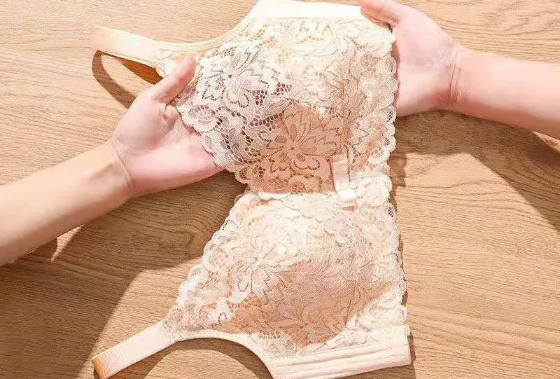 Large size large breasts show small lace full cup latex underwear women's thin side collection side breasts support no steel ring underwear