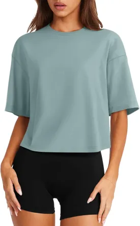 LASLULU Womens Cotton Short Sleeve Workout Shirts Loose Fit Crop Tops Yoga Gym Tee Casual Athletic Running T-Shirts